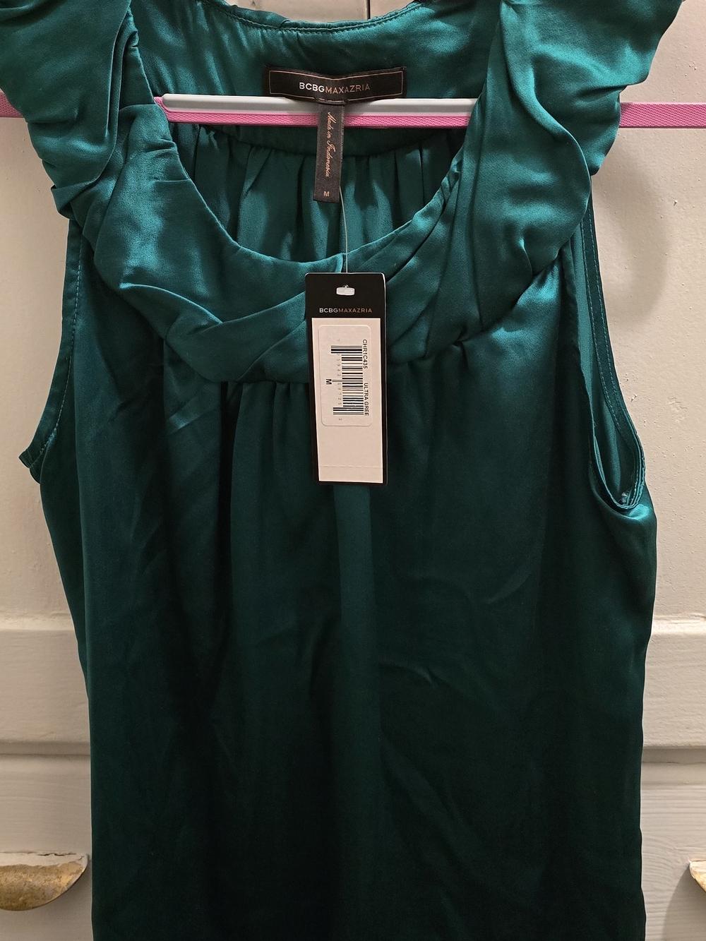 BCBGMaxAzria Green Satin Sleeveless Womens Top